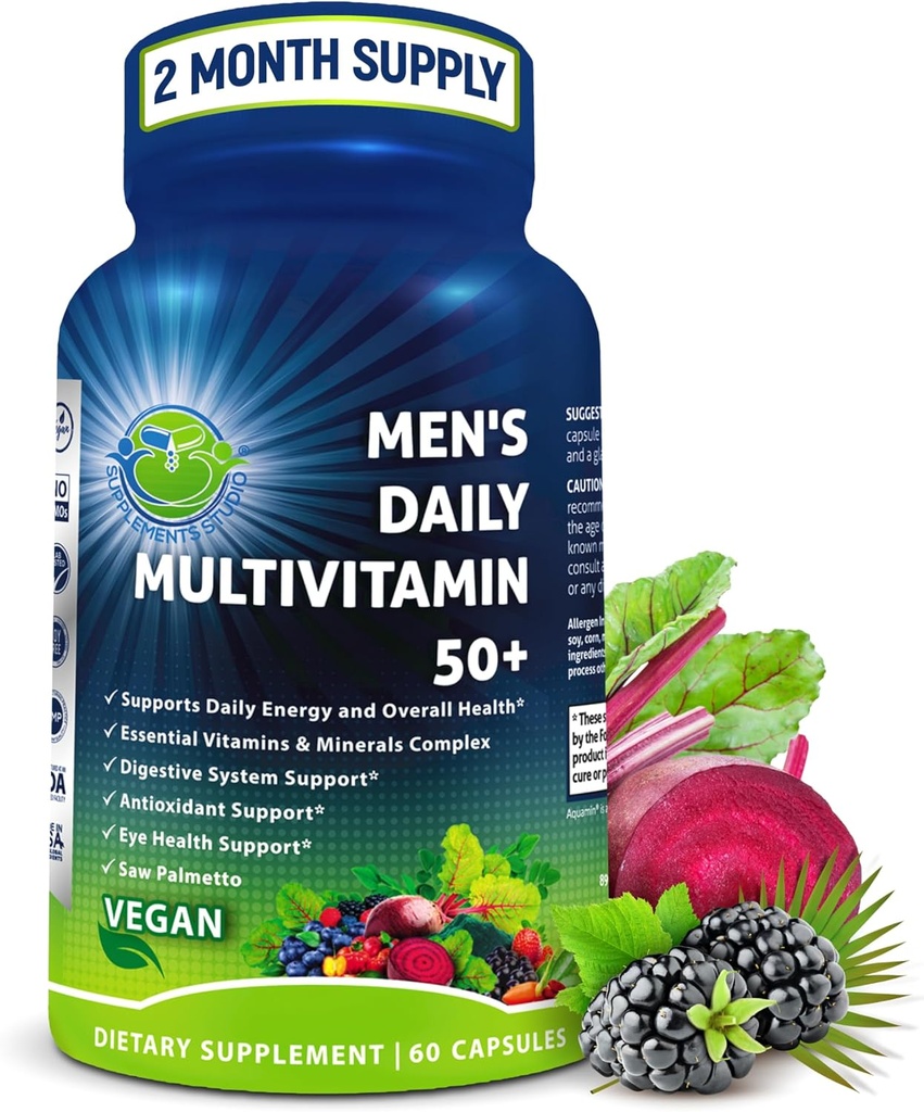 Daglig Multivitamin 50 Plus - Vegansk Methyleret Multivitamin til mænd 50 og derover - Saw Palmetto, Biotin, Organic Superfoods, Lutein - Eye, Energy, Gut, Health Support - Let at synke kapsler