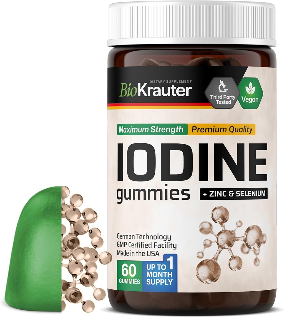 BIO KRAUTER Jod Gummies - 60 Veganske tykkelser - 250 mcg Kalium IOide - Jod tillæg med Selenium Zink - Apple Flavor, Pectinbaserede tykkelser