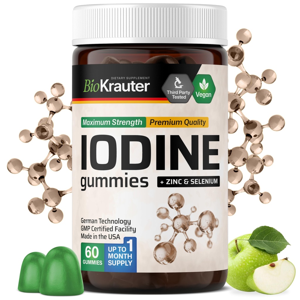 BIO KRAUTER Jod Gummies - 60 Veganske tykkelser - 250 mcg Kalium IOide - Jod tillæg med Selenium Zink - Apple Flavor, Pectinbaserede tykkelser
