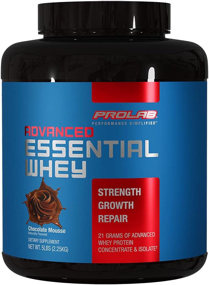 ProLab Advanced Essential Whey Protein Powder, 21g Protein, Whey Concentrate & Isolate Blend med BCAA & fordøjelsesenzymer til muskelstøtte & Inddrivelse (Chocolate Mousse, 5 LB)