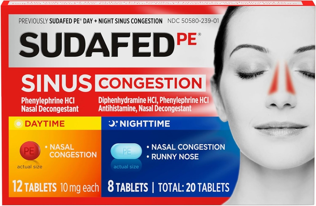 Sudafed PE Sinus Congestion Day + Night Maximum Strength Decongestant & Antihistamin Tablets with Phenylephrin HCl & Diphenhydramin HCl, Hjælper Nasal & Sinus Pressure & Congestion, 20 læ