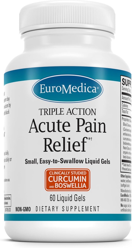 Euromedica Acute Pain Relief - Kosttilskud med BCM- 95 Curcumin & BOS- 10 Boswellia - Black Sesame Seed Oil Supplement til støtte Lindring af lejlighedsvis ubehag - 60 flydende geler
