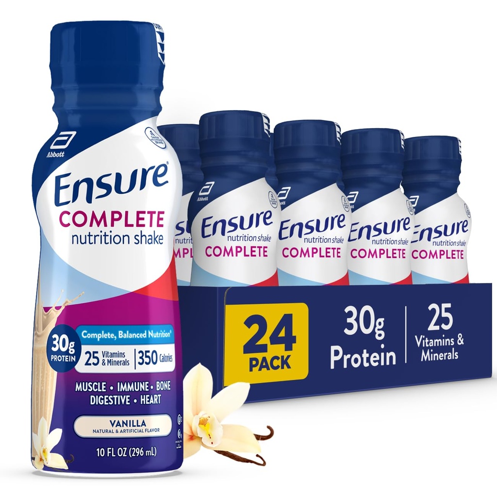 Sikre Complete Vanilla Nutrition Shake, Komplet, Balanceret Måltidserstatning, Klar til at drikke, 30g Protein, 25 Vitamin & Min, 10 fl oz - 24 Pack