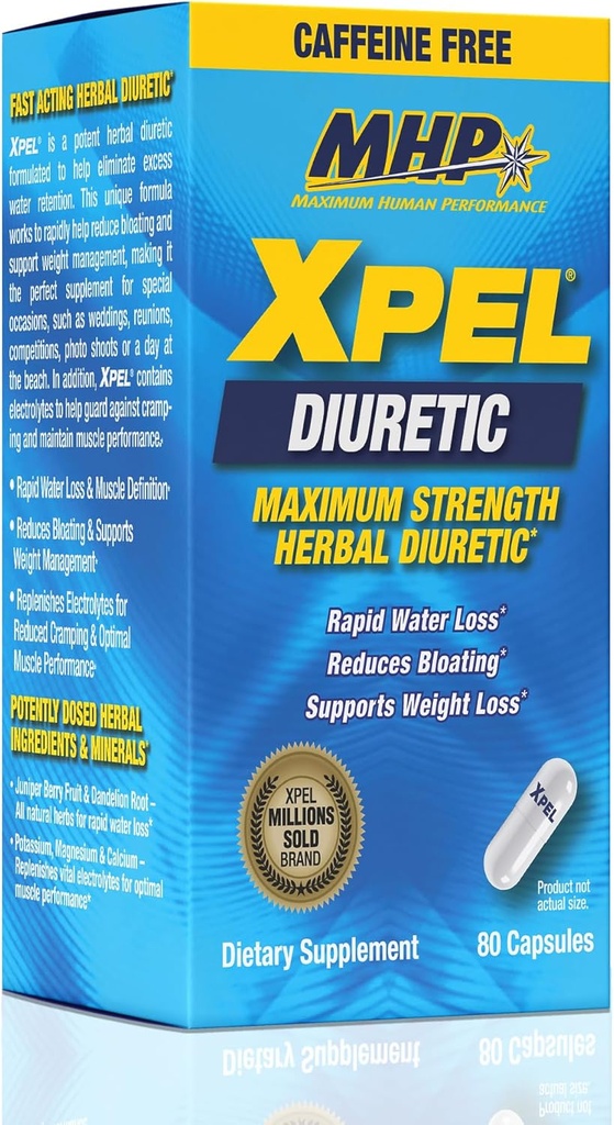 MHP Xpel Maximum Strength Diuretic Water Pills, for Water Retention Relief, Caffeine-Free with Vitamin B-6 Potassium Dandelion Root, 80 Capsules