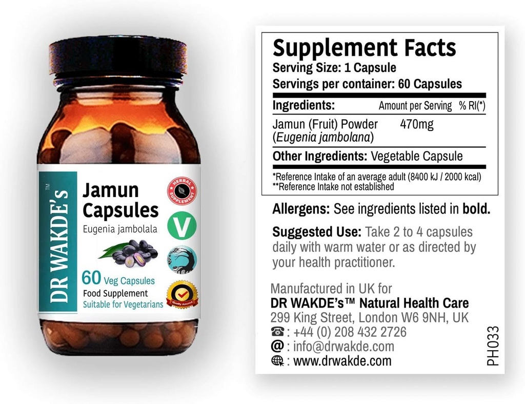 DR WAKDE'S Jamun Capsules (Indian BlackBerry, 60 Veg Caps, Plant-Based Supplement, Ayurvedic Herb, All Natural, Vegan)