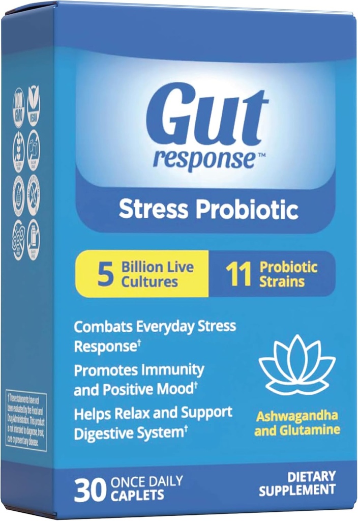 Stress Probiotika for mænd og kvinder, Sletter ned fordøjelsesfremmende aging, øger immunsystemet, fremmer Calmness, Ashwagandha, L- Glutamin, Non- GMO, Gluten Free & Vegan, 5 Millioner CFU, 30 Caplets