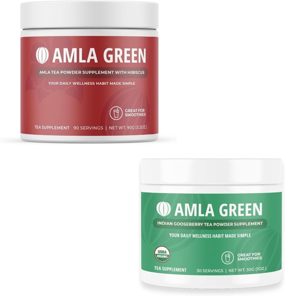 Amla Powder & Green Tea Superfood Supplement, Antioxidant Support, Lavet med Hibiscus (90 Servere) & indiske Gooseberries (30 Servere), Organic, Vegan