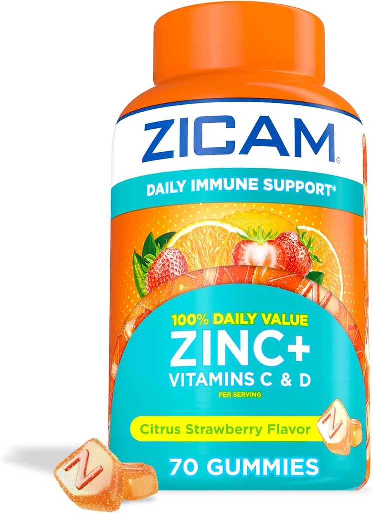 Zicam Daglig immunforsvar, vingummi supplement, zink, C-vitamin og D-vitamin, Citrus Strawberry Flavor, 70 Greve