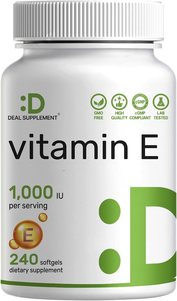 E-vitamintilskud, 1000 IE per servering, 240 Softgels - Ekstra styrke Antioxidant Protection - Biotilgængelig stabil form - hud, hjerte, hjerne, & immunforsvar - non-GMO