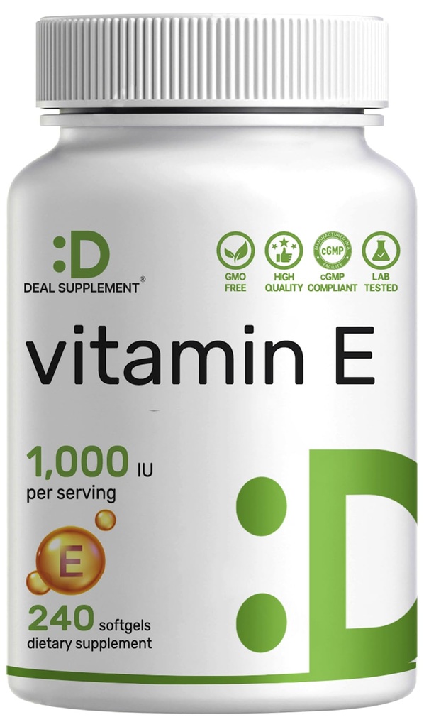 E-vitamintilskud, 1000 IE per servering, 240 Softgels - Ekstra styrke Antioxidant Protection - Biotilgængelig stabil form - hud, hjerte, hjerne, & immunforsvar - non-GMO