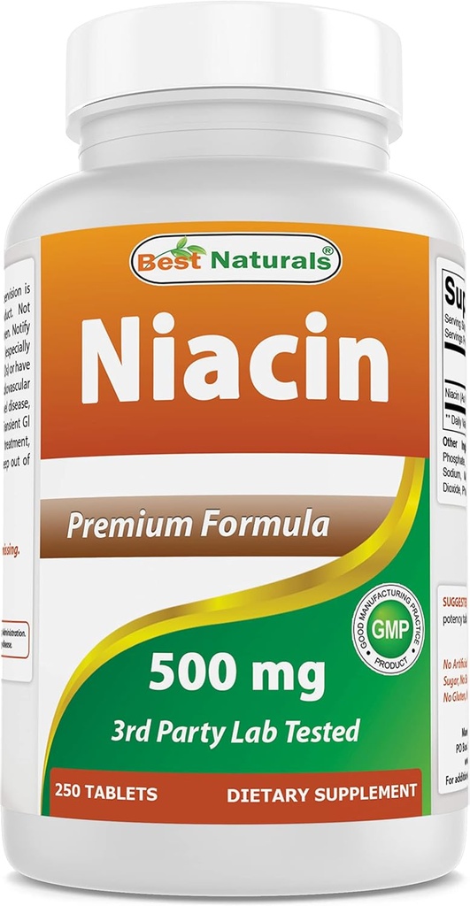 Bedste Naturals Niacin 500mg 250 tabletter med flushing - også kaldet vitamin B3 (250 greve (pakke med 1))