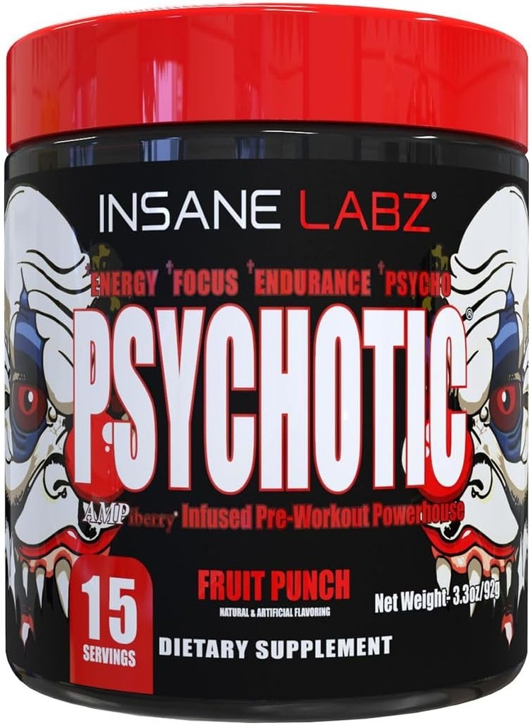 Insane Labz Psykotisk, High Stimulant Pre Workout Powder, Extreme Lasting Energy, Fokus og Endurance med Beta Alanine, Creatinine monohydrat, DMAE, 15 Srvgs, Fruit Punch