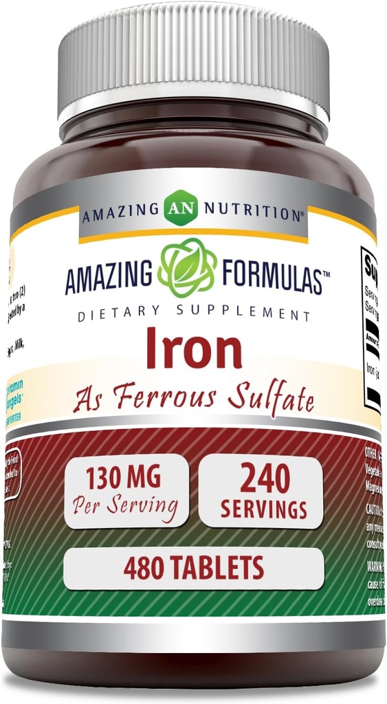 Amazing Formulas Iron as Ferrous Sulfate Supplement | 65 Mg | Tablets | Non-GMO | Gluten Free | Made in USA (480 Count)