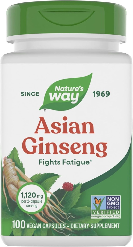 Nature 's Way Asian Ginseng, Fights Træthed *, 1,120mg Per 2- kapsel Servering, Non-GMO projekt Verified, Vegan, 100 Kapsler (Packaging May Vary)