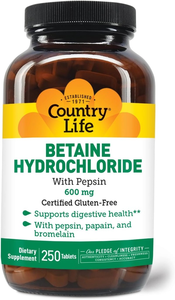 Country Life Betaine Hydrochlorid med pepsin 600 mg - 250 tabletter