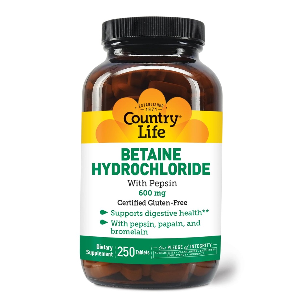 Country Life Betaine Hydrochlorid med pepsin 600 mg - 250 tabletter