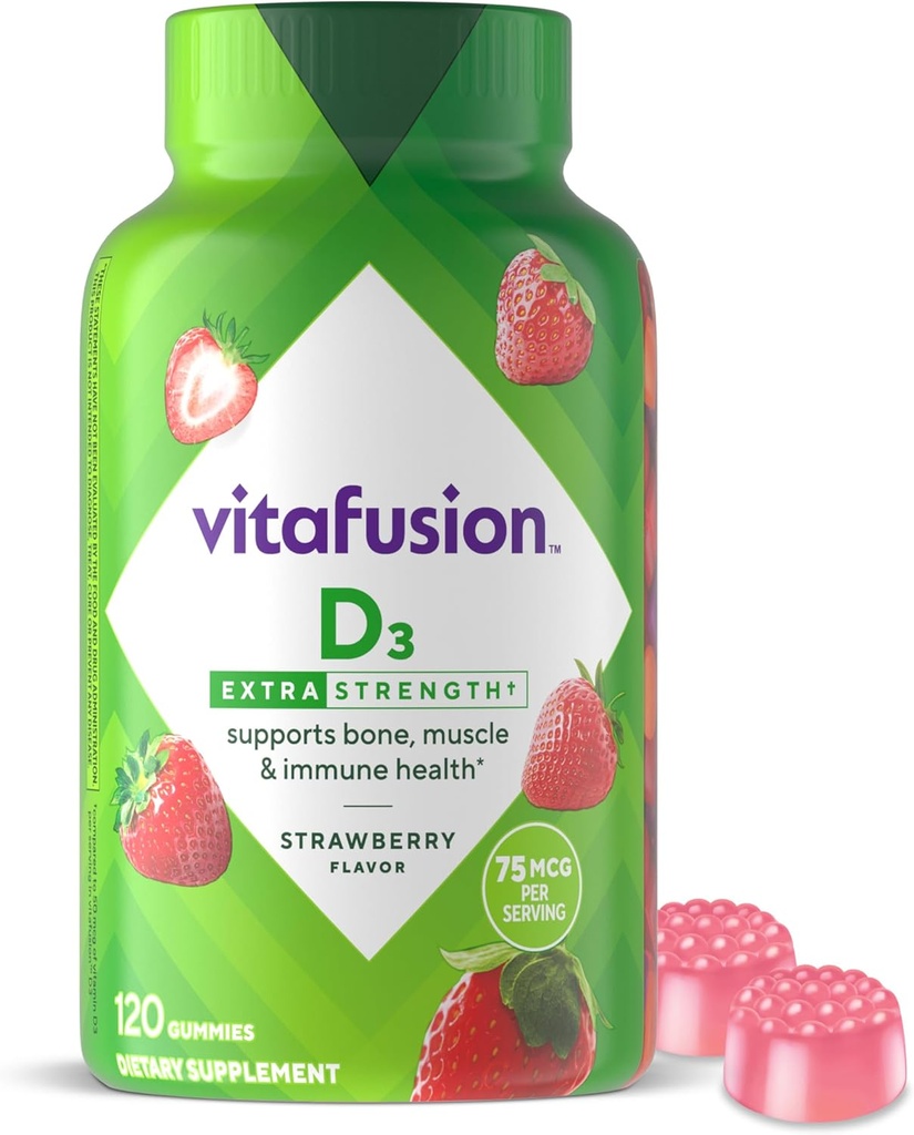 Vitafusion Ekstra styrke Vitamin D3 Gummy, Strawberry Flavored Bone og immunsystemet Support (1) 120 Tæl