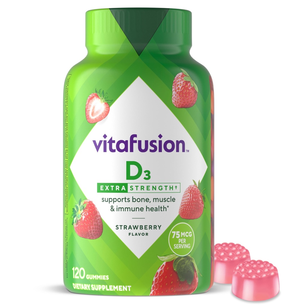 Vitafusion Ekstra styrke Vitamin D3 Gummy, Strawberry Flavored Bone og immunsystemet Support (1) 120 Tæl