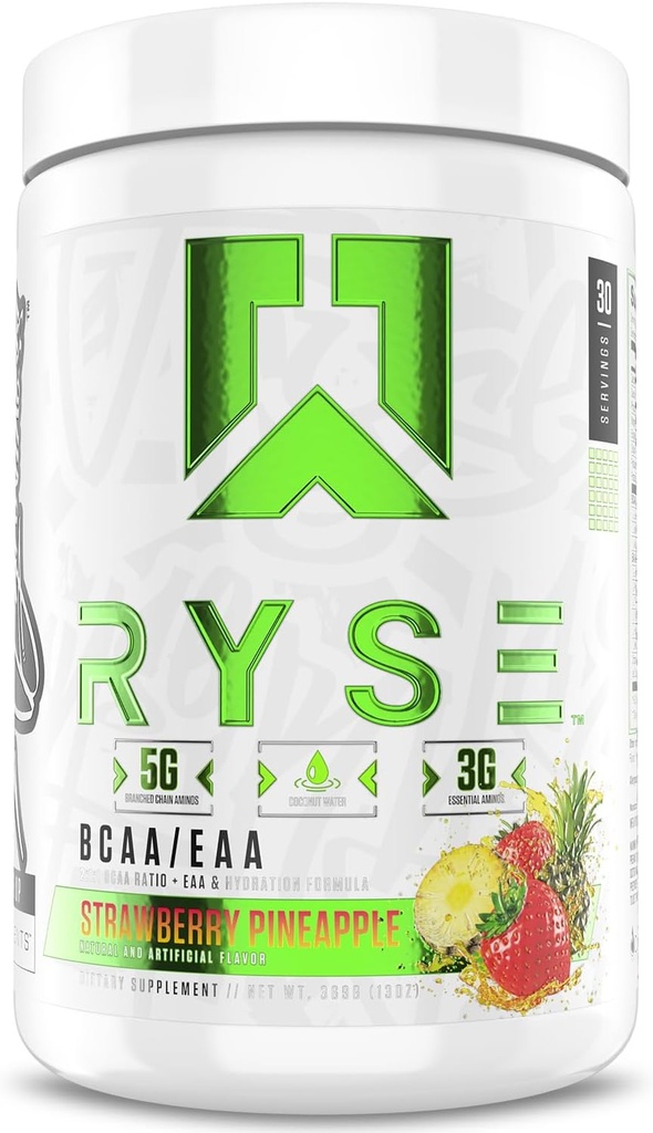 RYSE BCAA EAA Powder - Jordbær Ananas - 5g forgrenet kæde Aminosyrer, 3g essentielle Aminos, Sugar- frie elektrolyter til Pre & Post Workout Muscle Inddrivelse, Hydrering og Styrke - 30 Servering