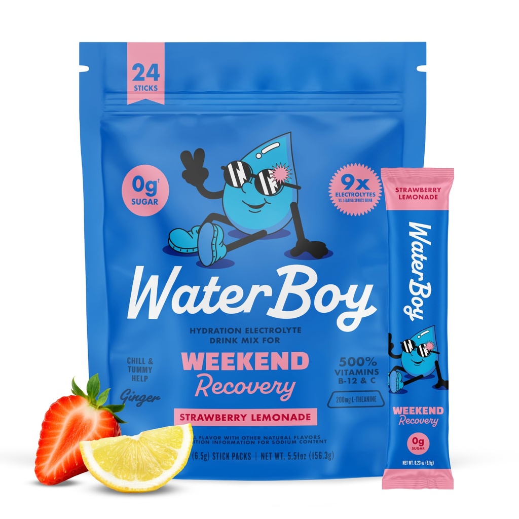 Waterboy Weekend Recovery • 124; 3,200mg Electrolyte Powder Pacets • 124; Ginger + L- Theanine + Vitamin • 124; Ingen sukker, alle naturlige, Gluten Free • 124; 24 Drink Stick Mixes (Jordbær Lemonade)
