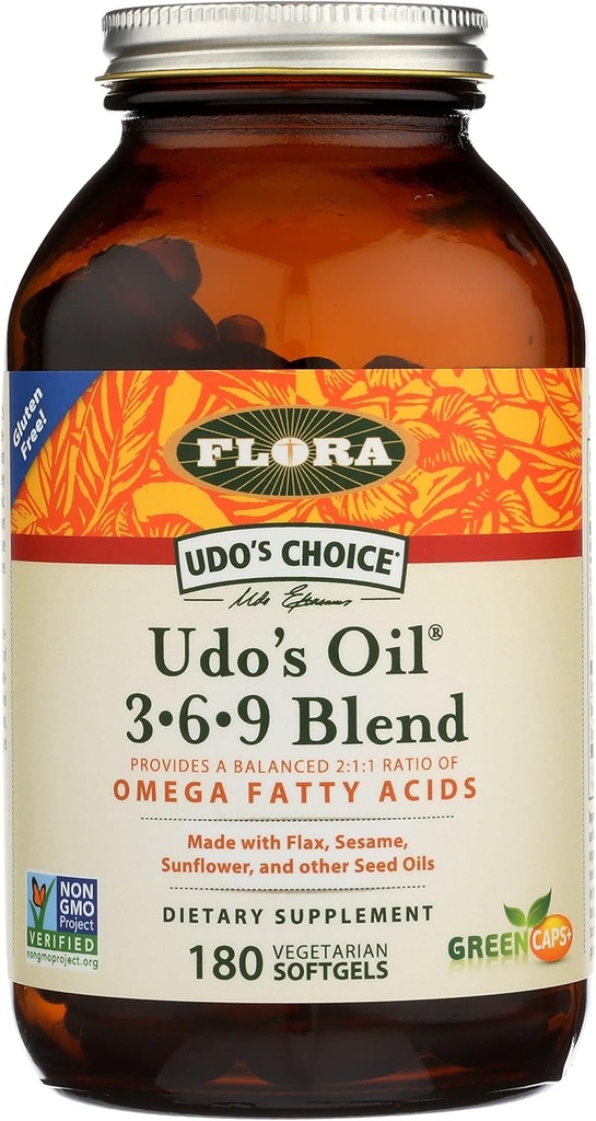 Flora Udo 's Oil 3- 6- 9 Blend - Indeholder organisk kokos, hørfrø olie & mere - 180 Vegetariske bløddele