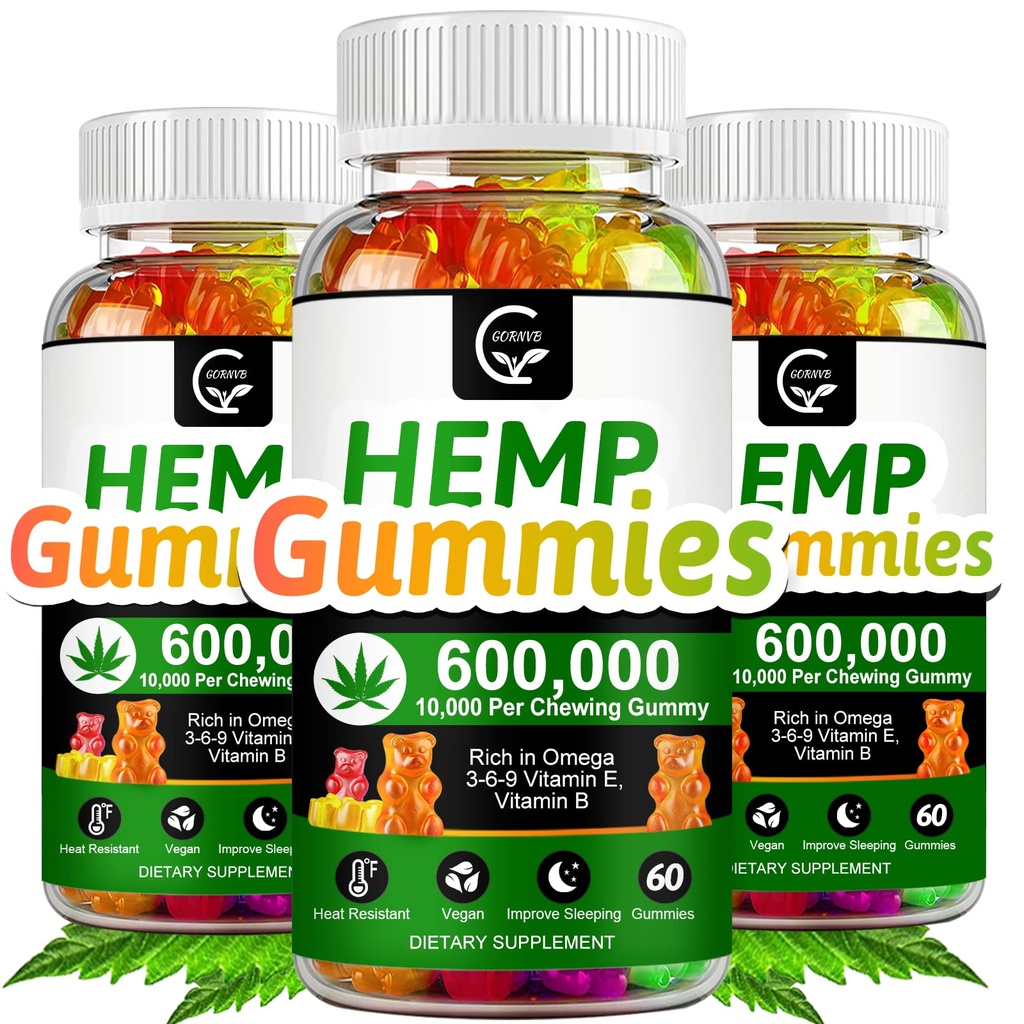 (3 Pack) Høj potens Hamp Gummies 600.000 Ekstra Styrke - Stress, Søvnighed, Mood, Calming, Fokus, Afslapning Kosttilskud, 100% Natural Hamp Oil Extract Infured Gummies, Vegan, Non- GMO, Gluten- Free