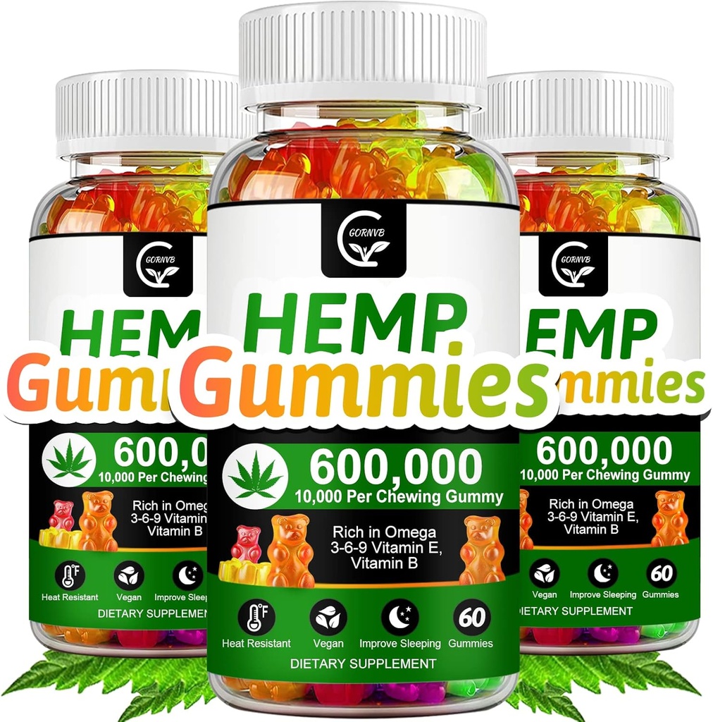 (3 Pack) Høj potens Hamp Gummies 600.000 Ekstra Styrke - Stress, Søvnighed, Mood, Calming, Fokus, Afslapning Kosttilskud, 100% Natural Hamp Oil Extract Infured Gummies, Vegan, Non- GMO, Gluten- Free