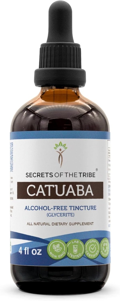 Secrets of the Tribe Catuaba Tincture Alcohol- Free Extract, Wildcrafted Catuaba (Erythroxylum catuaba) Tørret Bark 4 OZ