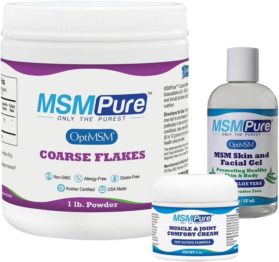 KALA SUNDHED MSMPure Starter Bundle med MSM Gross Flakes 1lb, MSM Muscle & Joint Cream 2oz og MSM Gel med Organic Aloe 8oz