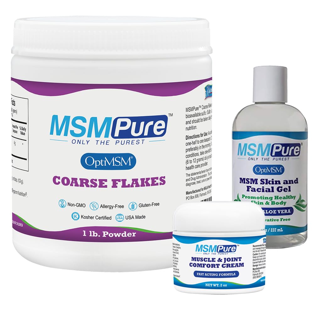 KALA SUNDHED MSMPure Starter Bundle med MSM Gross Flakes 1lb, MSM Muscle & Joint Cream 2oz og MSM Gel med Organic Aloe 8oz