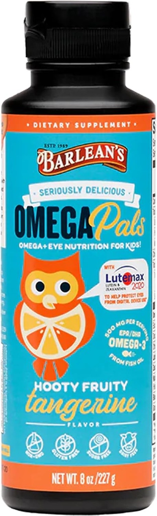 Barlean 's Omega Pals Eye Health Liquid, Tangerine Flavored Omega 3 for børn, Fish Oil Supplement med 500 mg EPA & DHA Plus Lutein & Zeaxanthin Vitamin til blå lys Support, 8 oz