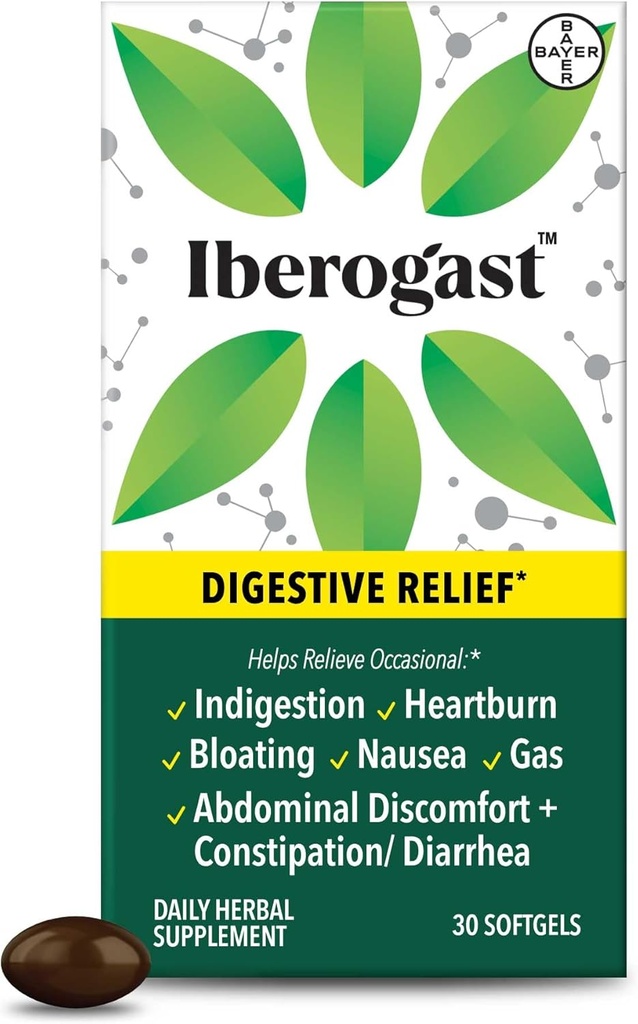Iberogast Softels, Herbal Relief af Mave Opførelser: Lejlighedsvis fordøjelse, Bloating, Gas, Kvalme, Opsat Mave; 6-Herb Blend med Iberis Amara, Pebermynte, Licorice, Lemon Balm; 30ct