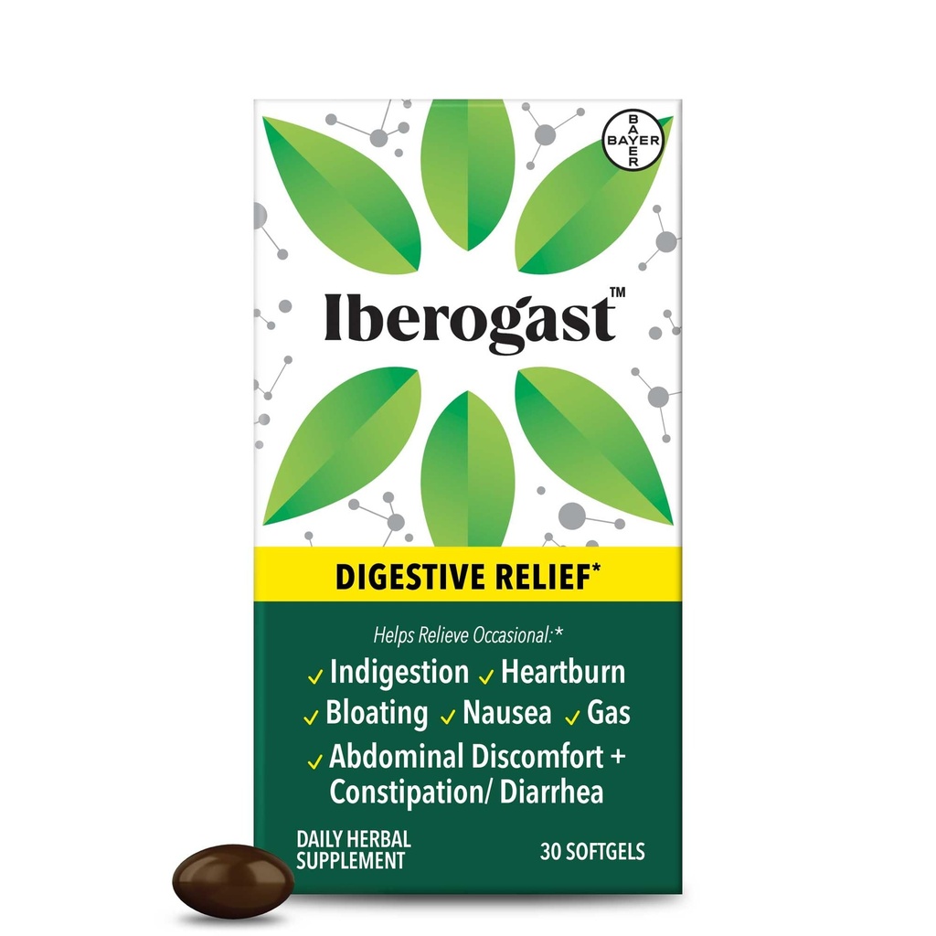 Iberogast Softels, Herbal Relief af Mave Opførelser: Lejlighedsvis fordøjelse, Bloating, Gas, Kvalme, Opsat Mave; 6-Herb Blend med Iberis Amara, Pebermynte, Licorice, Lemon Balm; 30ct