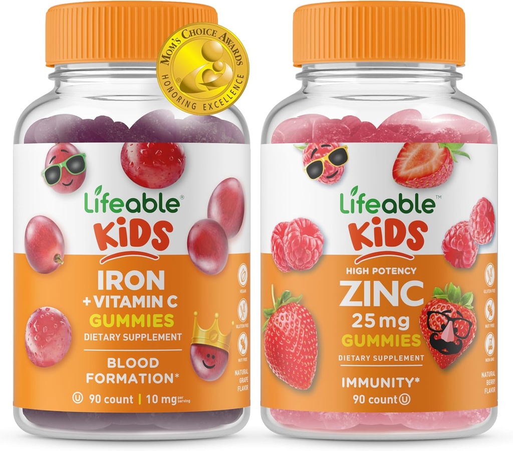 Lifeable Iron & Vitamin C Kids + Zink 50mg, Gummies Bundle - Great Tasting, Vitamin Supplement, Gluten fri, GMO fri, Chewable Gummy