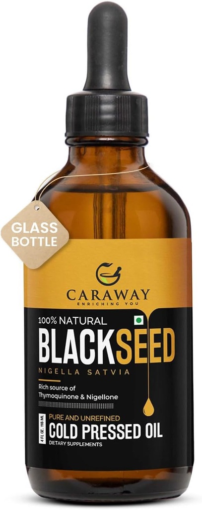 CARAWE Organic Black Seed Oil - Cold Pressed Nigella Sativa Oil - Ren og uraffineret - Rig i Thymoquinon for immunforsvar, hår og hudpleje Budd124; Glaskolbe