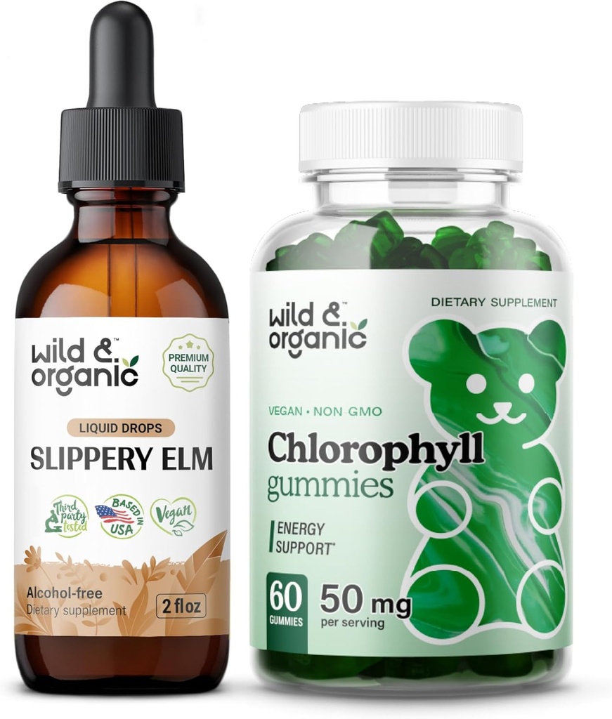 Wild & Organic Slippery Elm Tinktur 2 fl oz & Chlorophyll Gummies 60 Chews