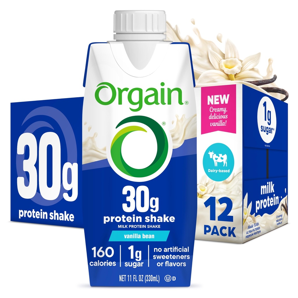 Orgain 30g High Protein Shake, Dairy Isolate Milk Protein, Vanilla Bean, 5g BCAA, 1g Sugar Per Serving, Meal Erstatning, Klar til at drikke, Keto Friendly, Gluten- Free 11 Fl Oz (Pack of 12)