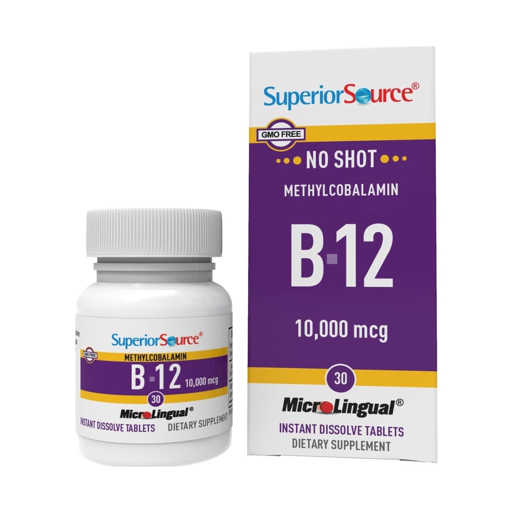 Superior Source No Shot Methylcobalamin B- 12 10000 mcg - Vitamin B- 12 til støtte for energiproduktion, hjerne sundhed & samlede wellness - Sublinguale tabletter til hurtig absorption - 30 opløselige tabletter
