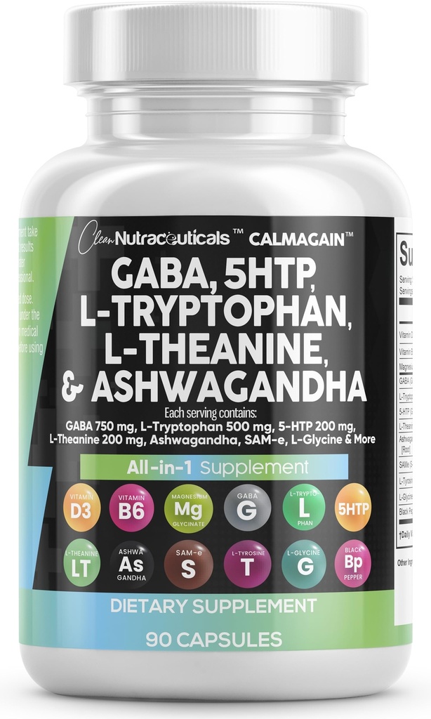 Clean Nutracatives GABA 750mg 5 HTP 200mg L Tryptophan 500mg L Theanine 200mg Ashwagandha SAM- e L- Glycine - Mood Support Vitaminer til kvinder og mænd med L- Tyrosine 5- HTP (5- Hydroxytryptophan)