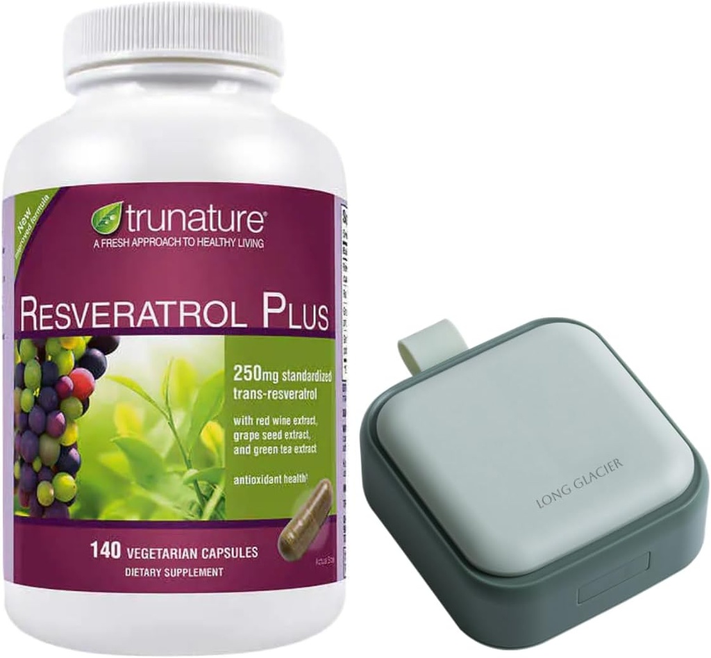 Trunature Resveratrol Plus, 140 Vegetariske Kapsler Bundle med en pille oragnizer, Lille Cute Pill Container til medicin, Vitamin, Grøn