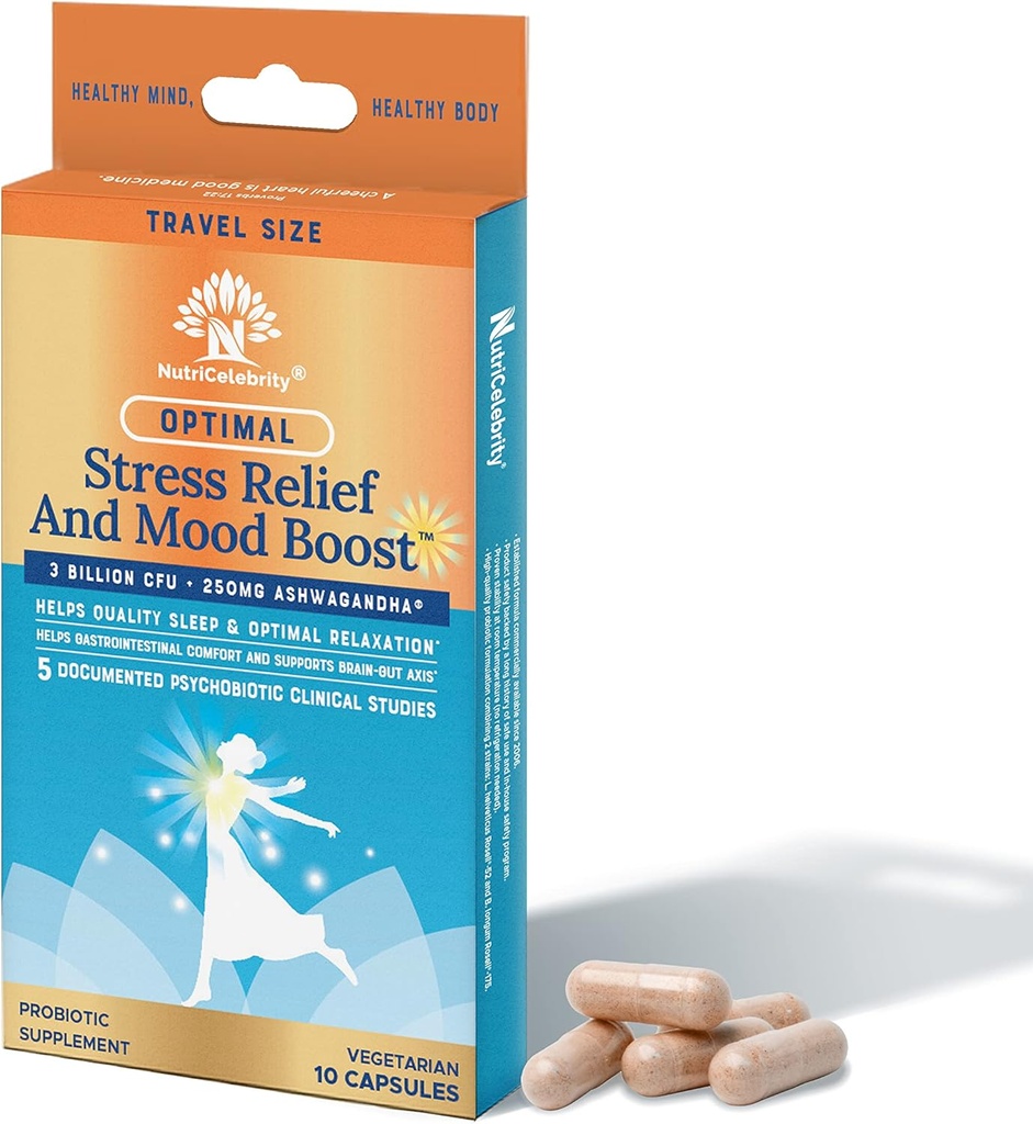 Nutritycelebrity Optimal Stress Relief og Mood Boost supplement Rejsestørrelse, Hjælper støtte Rastful søvn, Afslapning, 10 Vegetabilske kapsler