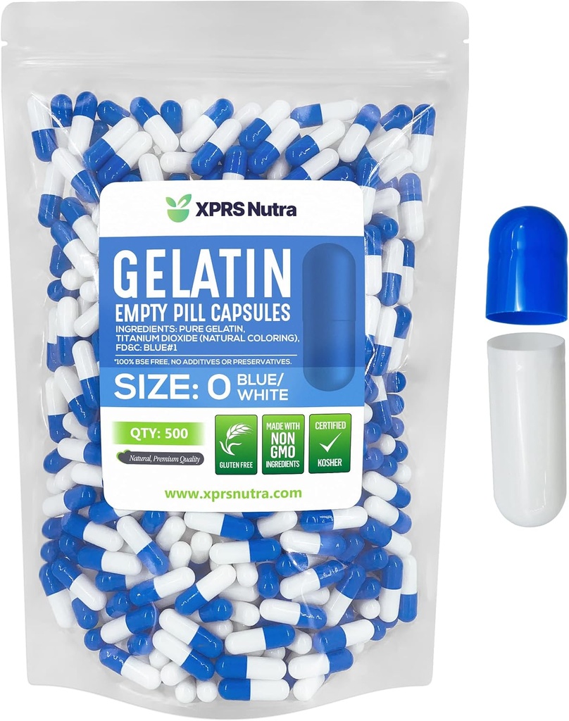 XPRS Nutra Størrelse 0 Tomme kapsler - 500 Tomme Gelatine kapsler - Piller gør det - Pure Bovin Pille Gel Caps til Do- It- Yourself Kosttilskud (blå / hvid)
