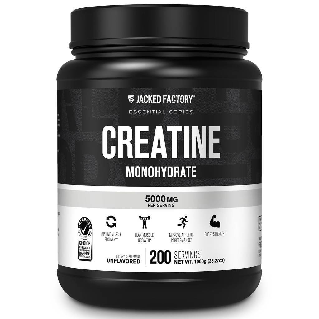 Jacked Factory Creatinine Monohydrat Powder 1000g - 5g Daily Creatinine Supplement for mænd og kvinder, Vegan- Friendly, Third- Party Testet - 200 Serveringer, Unflavored