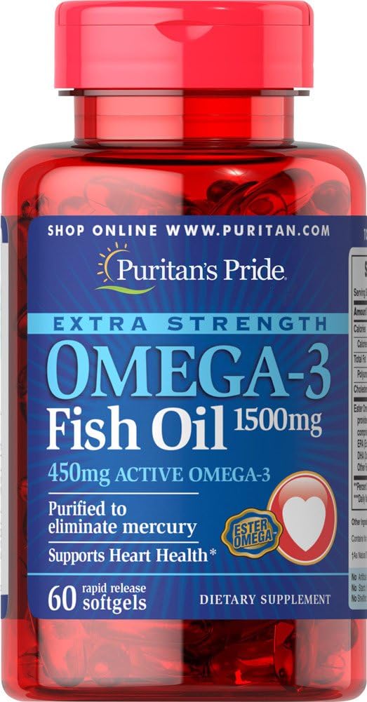Puritans Pride Extra Strength Omega-3 Fish Oil 1500 Mg 450 Mg Active Omega-3 Softgels, 60 Greve