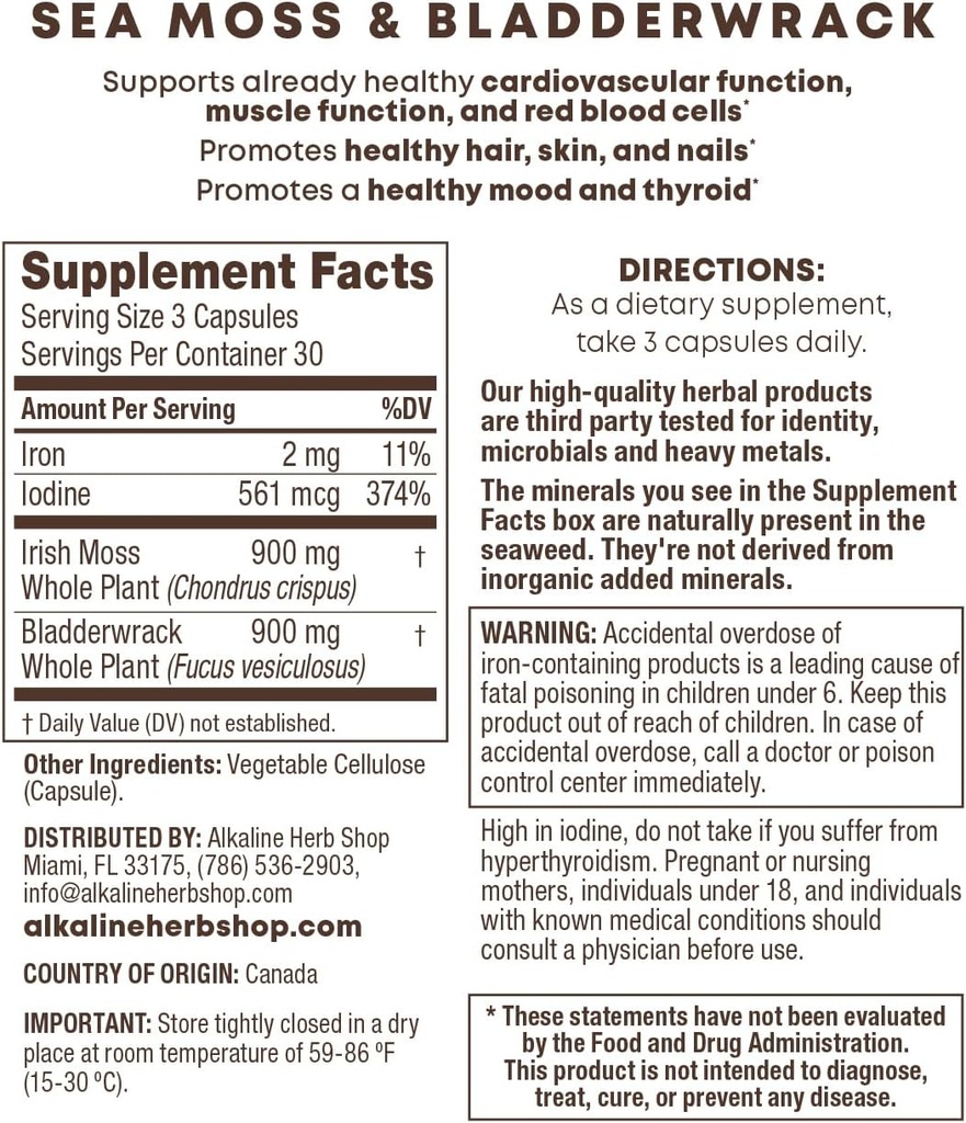 Alkaline Herb Shop Sea Moss og Bladderwrack Supplement 90 Kapsler
