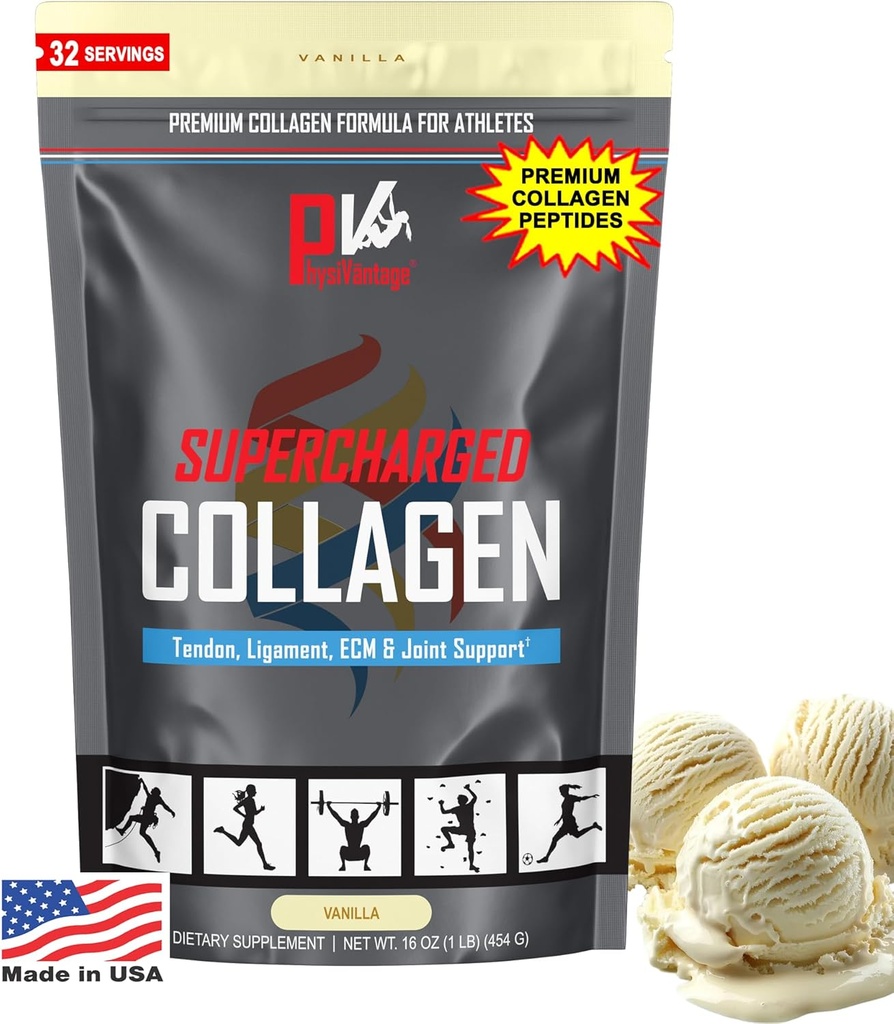 PhysiVantage Supercharged Collagen Peptider Powder - Hydrolyzed Collagen for Joint, Tendon, Ligament, & Skin Health Support - Vanilla, Keto, Paleo, 16oz124; Forstærket med C-vitamin, BCAA, Grass- Fed