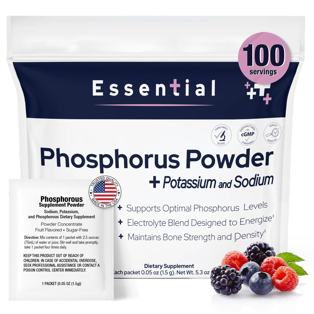 Phosphor Kosttilskud 100 Pakker, Kosttilskud Pulver med natrium Phosphat og kalium Phosphat, Frugtsmag Phosphor Supplement Pulver til elektrolyte, ben sundhed & Nyre sundhed