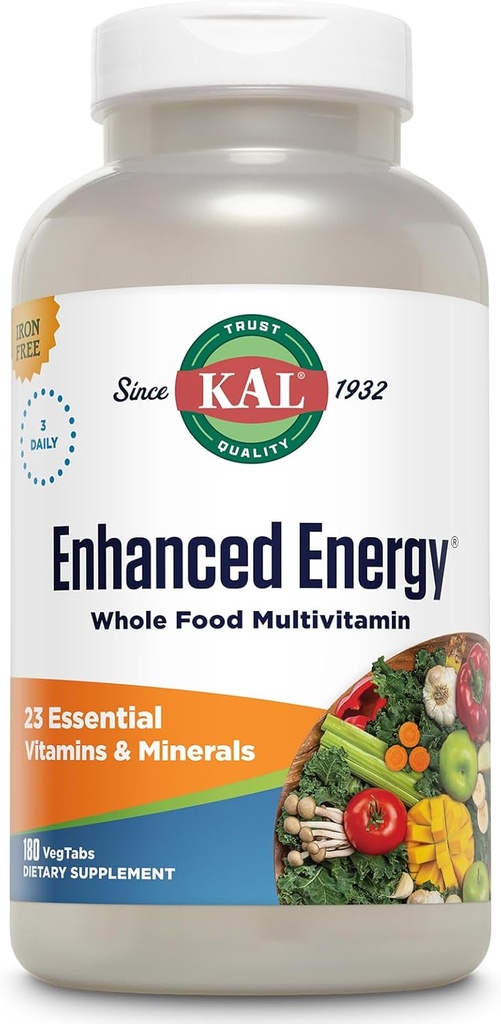 KAL ® Enhanced Energy Multivitamin MSD 124; Whole Food Based Vitamin & Minerals w / Antioxidants, fordøjelsesenzymer & naturlige carotenoider MSD 124; 180 kapsler