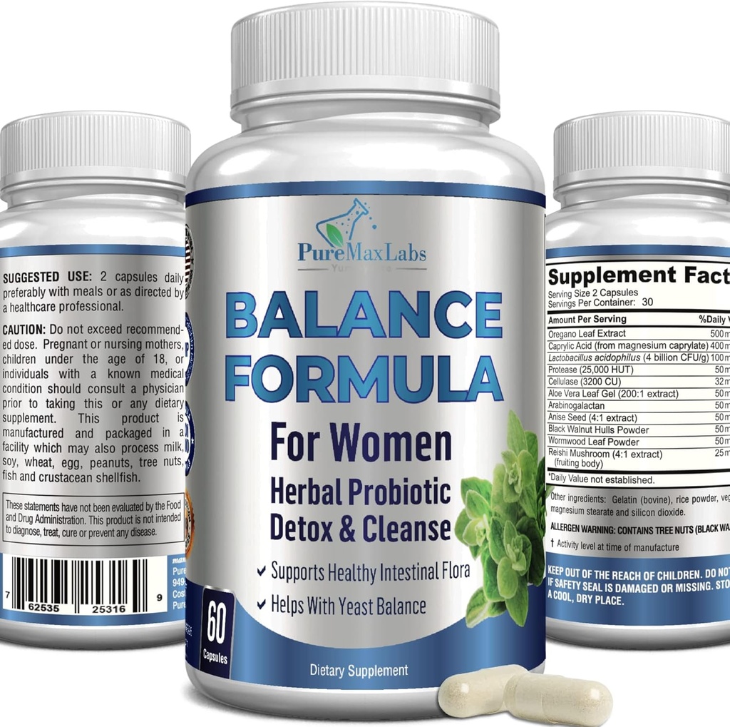Balance Complex for kvinder - for vaginal sundhed, Herbal Detox & Cleanse, Vaginal Probiotika, Understøtter sund intestinal Flora, Hjælper med Gær Infektioner 60 Kapsler