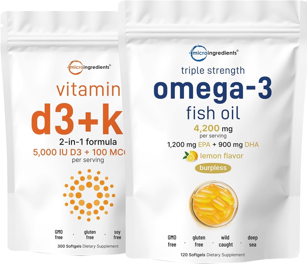 Micro Ingredients Vitamin D3 5.000iu + K2 100mcg Softgels & Omega-3 Fish Oil 120 Softgels Bundle 2 Pack 124; Essential Sunshine Vitumes Medical 124; Wild- Caught Fish, Lemon Flavored, Burpless